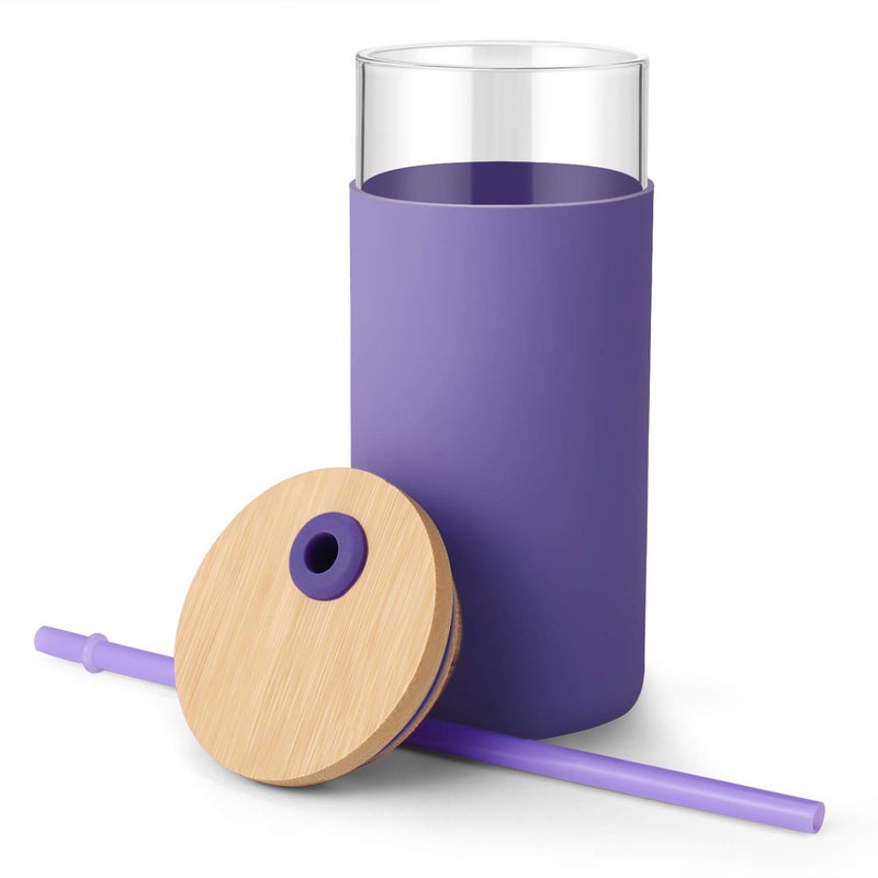 Tronco 20 oz Glass Tumbler with Lid and Straw, Iced Coffee Cup and Smoothie Cup with Bamboo Lids & Protective Silicone Sleeve, Dishwasher Safe, BPA-Free, Glass Cup 1 Pack - Image 2